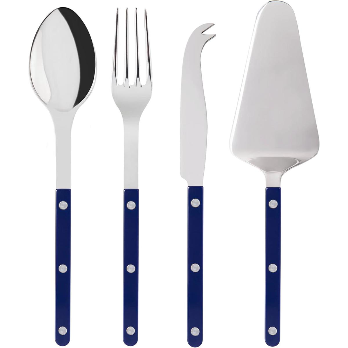 4-Piece Serving Set 8211 Bistrot Collection 8211 2 Serving Flatware Serrated Pie Server Large Cheese Knife 8211 Stainless Steel 038 Nylon 8211 Dishwasher Safe 8211 Navy Blue 8211 Brilliant Finish