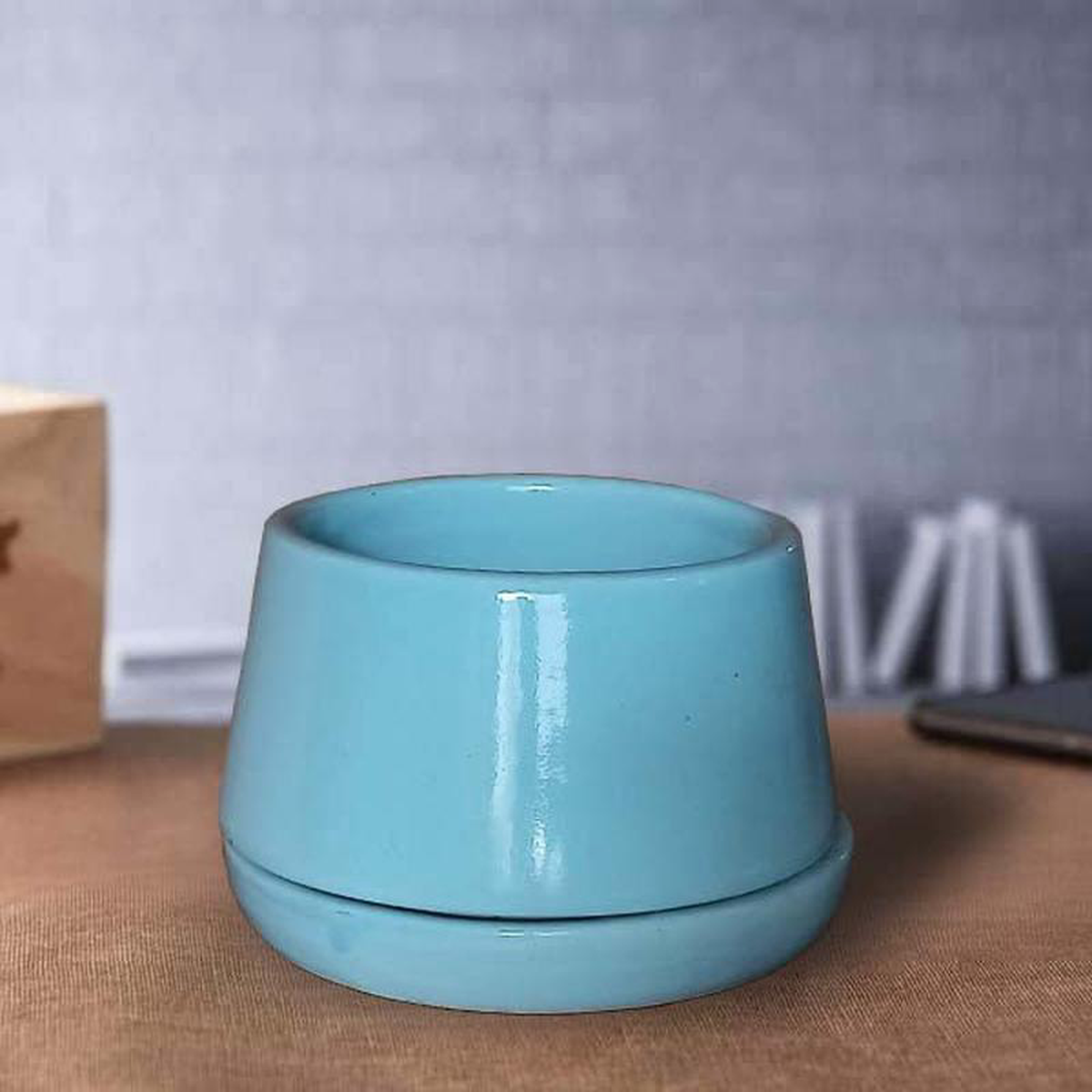 5 inch (12 cm) U Shape Ceramic Pot with Plate Cyan Blue Set of 1