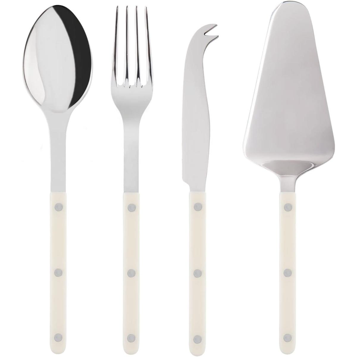 4-Piece Serving Set 8211 Bistrot Collection 8211 2 Serving Flatware Serrated Pie Server Large Cheese Knife 8211 Stainless Steel 038 Nylon 8211 Dishwasher Safe 8211 Ivory 8211 Brilliant Finish