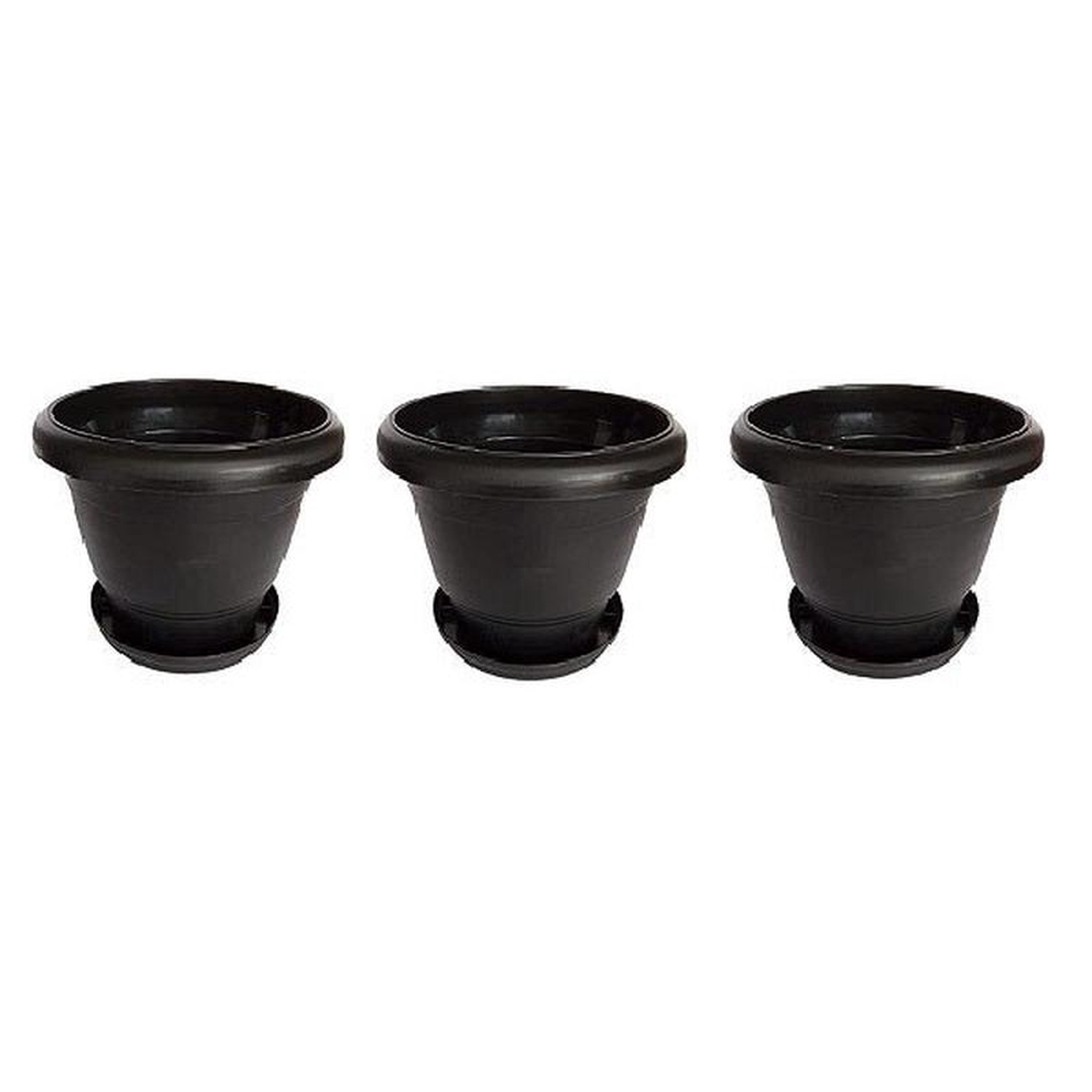 12 inch (30 cm) Round Garden Pot Black With Plate Set of 3