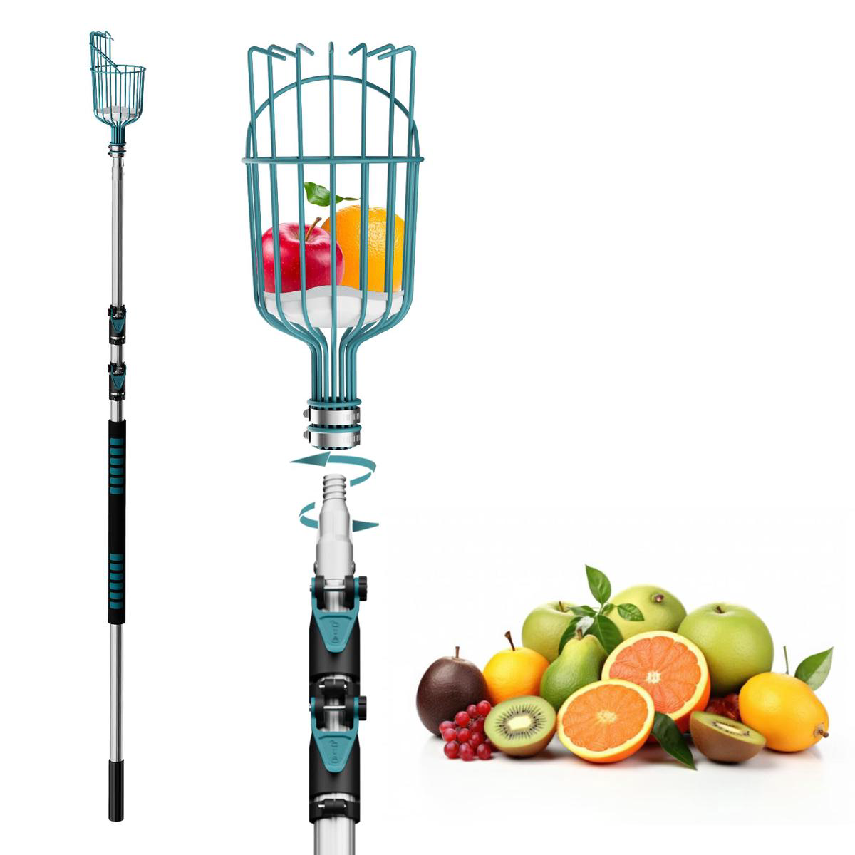 Telespro 12FT Telescoping Fruit Picker 8211 20 Foot Reach Lightweight Aluminum Extension Pole with Easy Attach Twist-On Apple Basket Durable Fruit Picking Tool