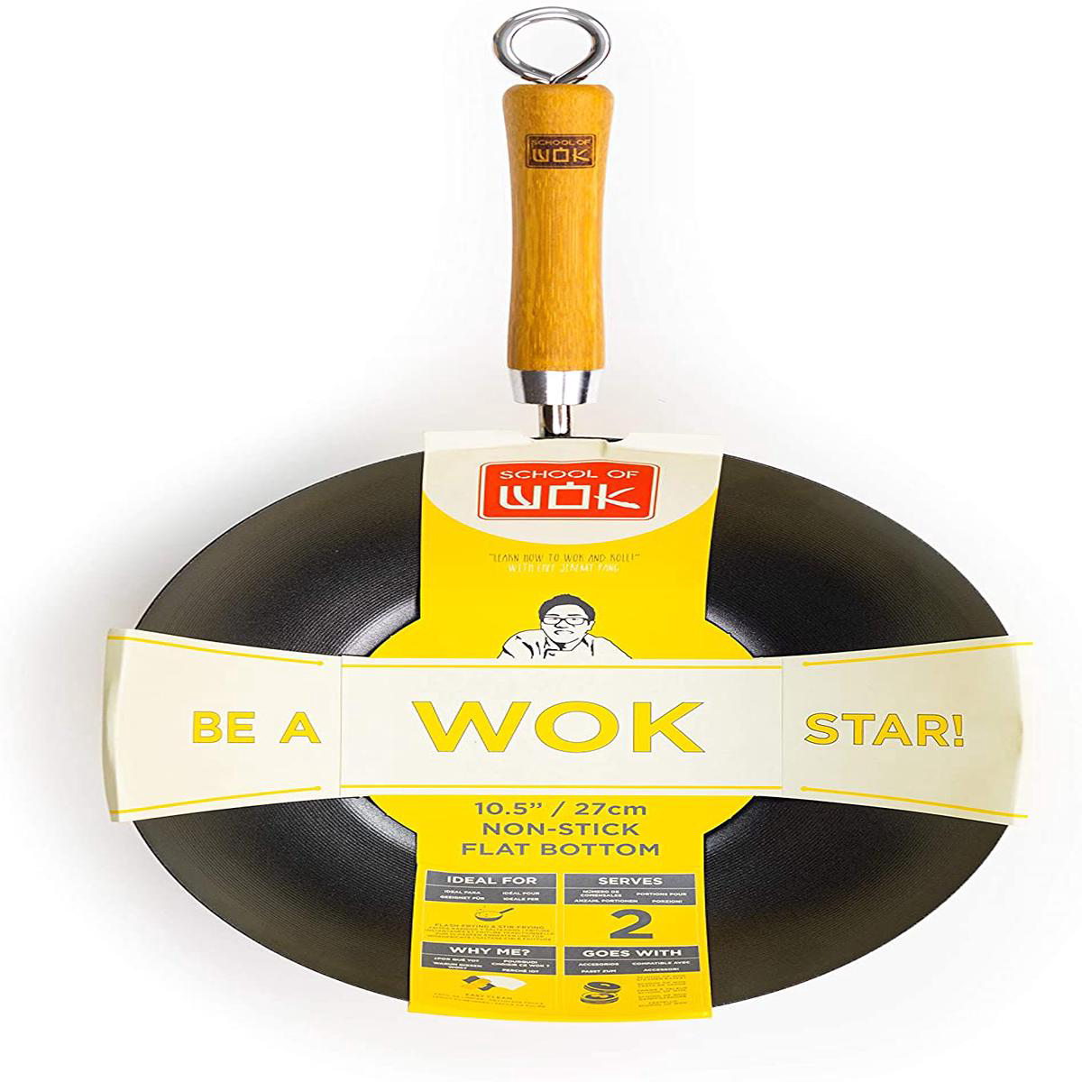 School of Wok 8221Wok Star8221 1058221 Wok Flat Bottom Carbon Steel Bamboo Handle with Loop Hook Non-Stick 105in27in