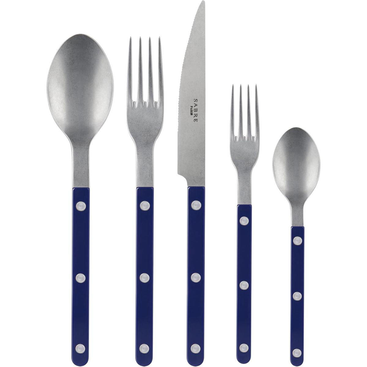 5-Piece Flatware Set 8211 Bistrot Vintage Collection 8211 Knives Forks Soup Spoons Teaspoons 038 Dessert Forks 8211 Stainless Steel 038 Acrylic 8211 Dishwasher Safe 8211 Navy Blue 8211 Mat Finish