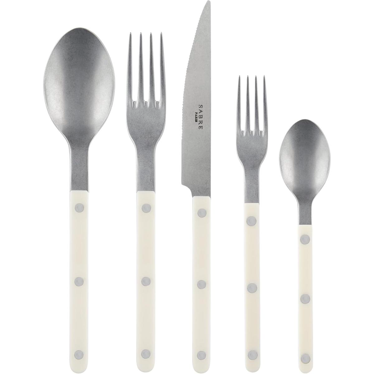 5-Piece Flatware Set 8211 Bistrot Vintage Collection 8211 Knife Fork Soup Spoon Teaspoon 038 Dessert Fork 8211 Stainless Steel 038 Nylon 8211 Dishwasher Safe 8211 Ivory 8211 Mat Finish
