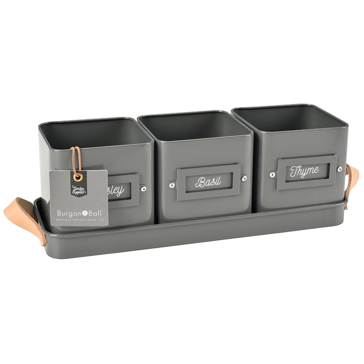 3 Herb Pots in a Leather Handled Tray 8211 Charcoal