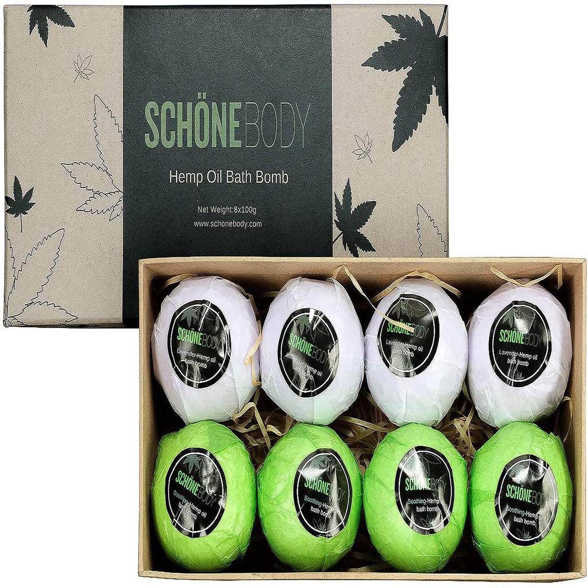 Hemp Bath Bombs Large Set of 8 Bath Bombs By Schone Body 2 relaxing Scents of Refreshing Mint and Hemp Oil and Soothing Lavender and Hemp Oil Made with Pure Essential Oil Vegan Set